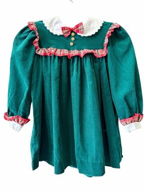 Polly Flinders Vintage Girls Dark Green Corduroy Dress Plaid Ribbon Trim Sz 5